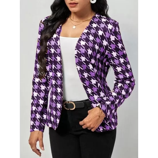 Houndstooth Pockets Long Sleeves Loose V-neck Outerwear Blazer