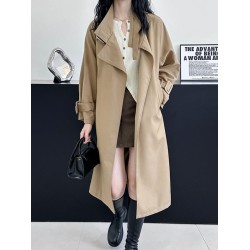 Buckle Pockets Solid Color Split-Back Tied Waist Long Sleeves Loose Lapel Trench Coats