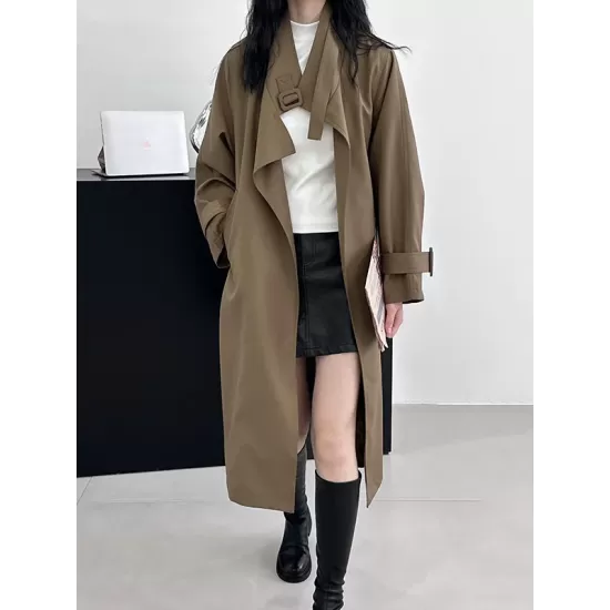 Buckle Pockets Solid Color Split-Back Tied Waist Long Sleeves Loose Lapel Trench Coats