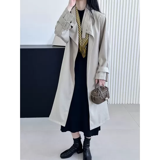 Buckle Pockets Solid Color Split-Back Tied Waist Long Sleeves Loose Lapel Trench Coats