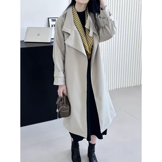 Buckle Pockets Solid Color Split-Back Tied Waist Long Sleeves Loose Lapel Trench Coats