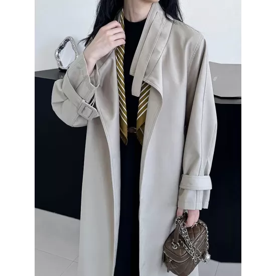 Buckle Pockets Solid Color Split-Back Tied Waist Long Sleeves Loose Lapel Trench Coats