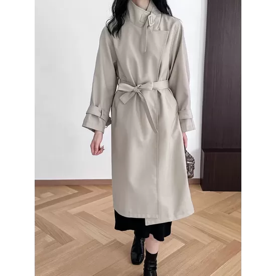 Buckle Pockets Solid Color Split-Back Tied Waist Long Sleeves Loose Lapel Trench Coats