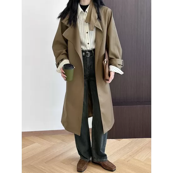 Buckle Pockets Solid Color Split-Back Tied Waist Long Sleeves Loose Lapel Trench Coats