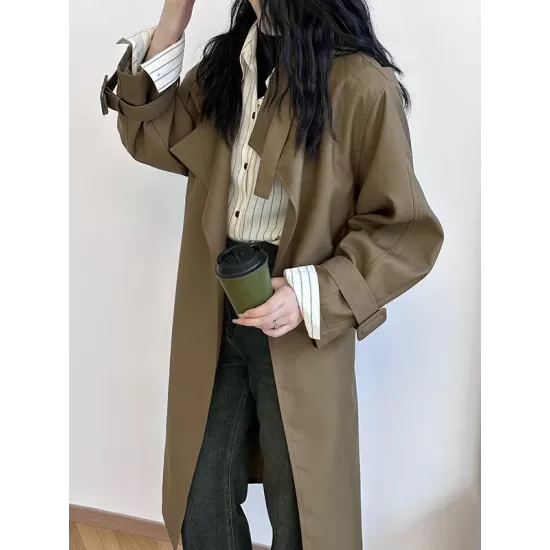 Buckle Pockets Solid Color Split-Back Tied Waist Long Sleeves Loose Lapel Trench Coats