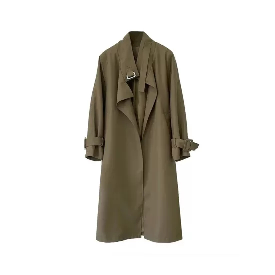 Buckle Pockets Solid Color Split-Back Tied Waist Long Sleeves Loose Lapel Trench Coats