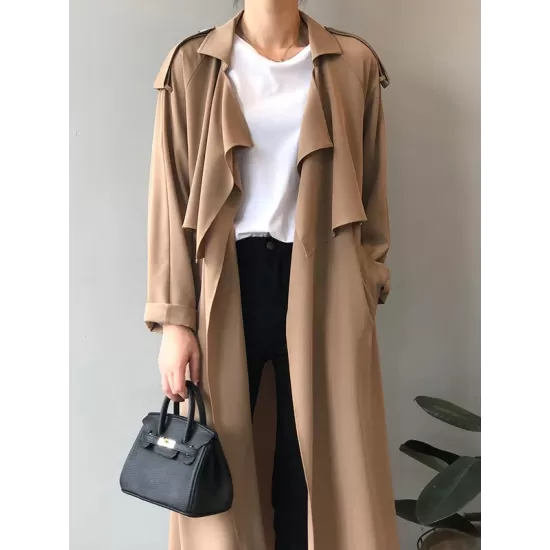 Khaki&Black Vintage Notched Collar Thin Trench Coat