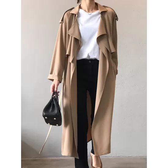 Khaki&Black Vintage Notched Collar Thin Trench Coat