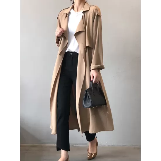 Khaki&Black Vintage Notched Collar Thin Trench Coat