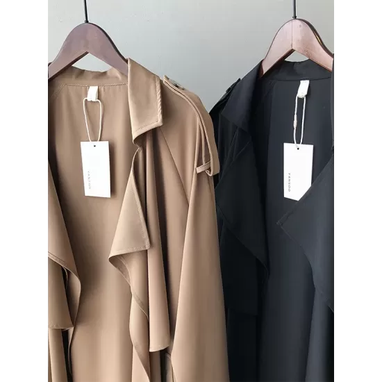 Khaki&Black Vintage Notched Collar Thin Trench Coat