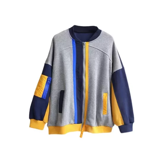 Casual Loose Contrast Color Split-Joint Stand Collar Long Sleeves Outwear