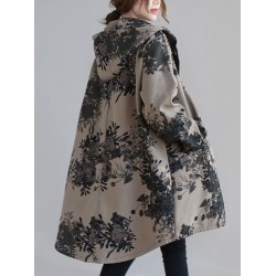 Artistic Retro Loose Floral Printed Hooded Long Sleeves Outwear