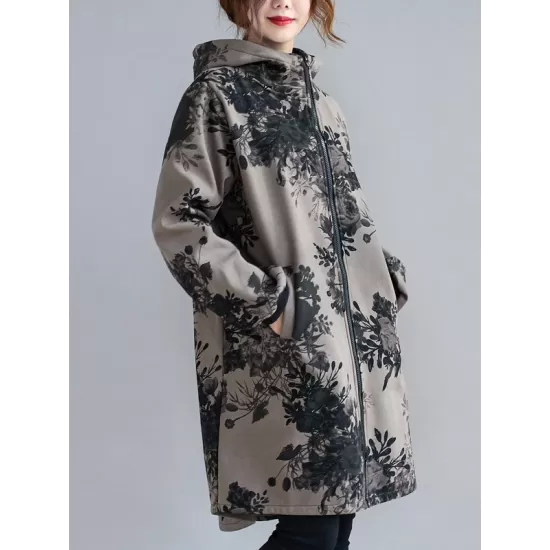 Artistic Retro Loose Floral Printed Hooded Long Sleeves Outwear