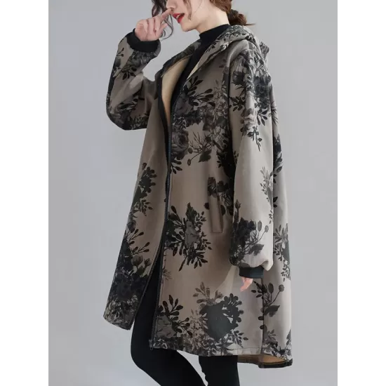 Artistic Retro Loose Floral Printed Hooded Long Sleeves Outwear