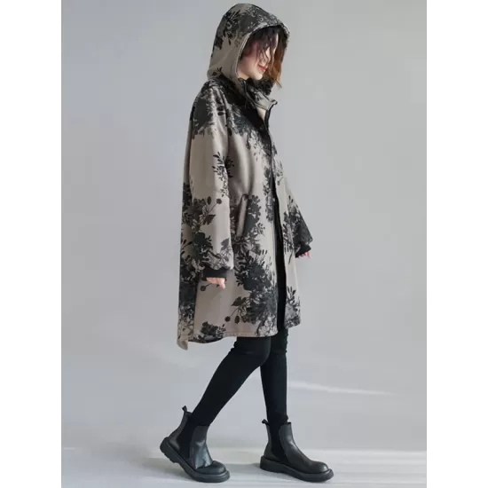 Artistic Retro Loose Floral Printed Hooded Long Sleeves Outwear