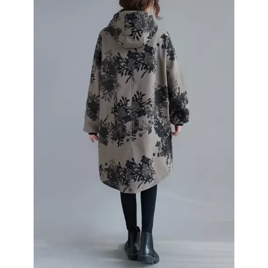 Artistic Retro Loose Floral Printed Hooded Long Sleeves Outwear