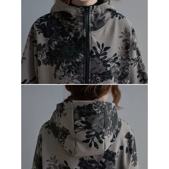 Artistic Retro Loose Floral Printed Hooded Long Sleeves Outwear