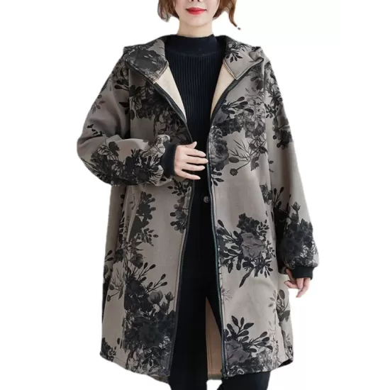 Artistic Retro Loose Floral Printed Hooded Long Sleeves Outwear