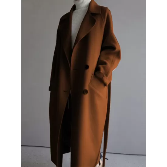 Urban Loose Solid Color Belted Woolen Coat