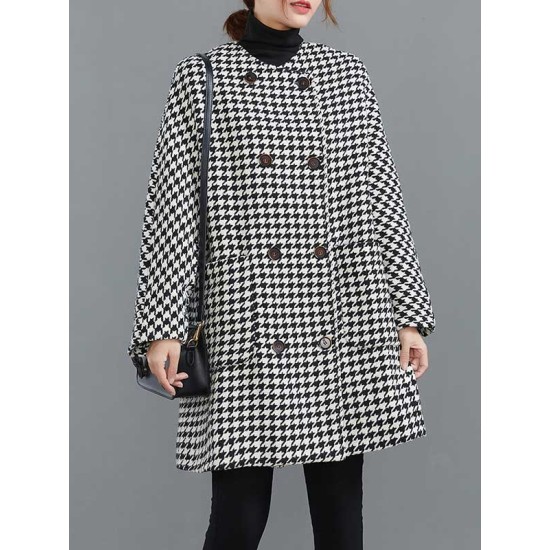 Loose Houndstooth Buttoned Round-Neck Long Sleeves Woolen Coat