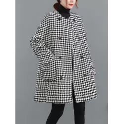 Loose Houndstooth Buttoned Round-Neck Long Sleeves Woolen Coat