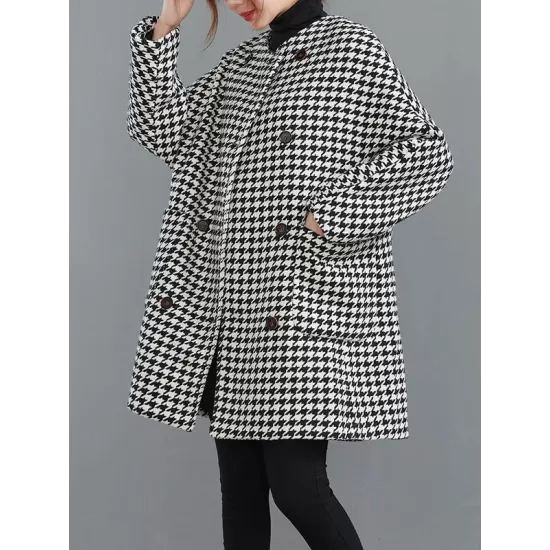 Loose Houndstooth Buttoned Round-Neck Long Sleeves Woolen Coat