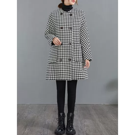 Loose Houndstooth Buttoned Round-Neck Long Sleeves Woolen Coat