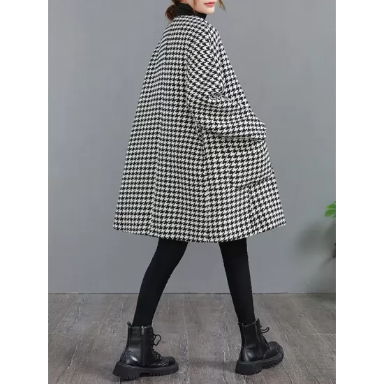 Loose Houndstooth Buttoned Round-Neck Long Sleeves Woolen Coat