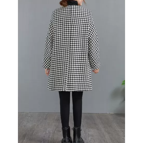 Loose Houndstooth Buttoned Round-Neck Long Sleeves Woolen Coat