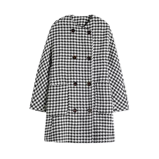 Loose Houndstooth Buttoned Round-Neck Long Sleeves Woolen Coat