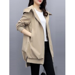 Casual Loose 4 Colors Pleated Zipper Hooded Long Sleeves Outwear