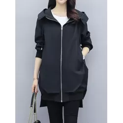 Casual Loose 4 Colors Pleated Zipper Hooded Long Sleeves Outwear