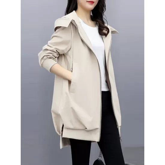 Casual Loose 4 Colors Pleated Zipper Hooded Long Sleeves Outwear