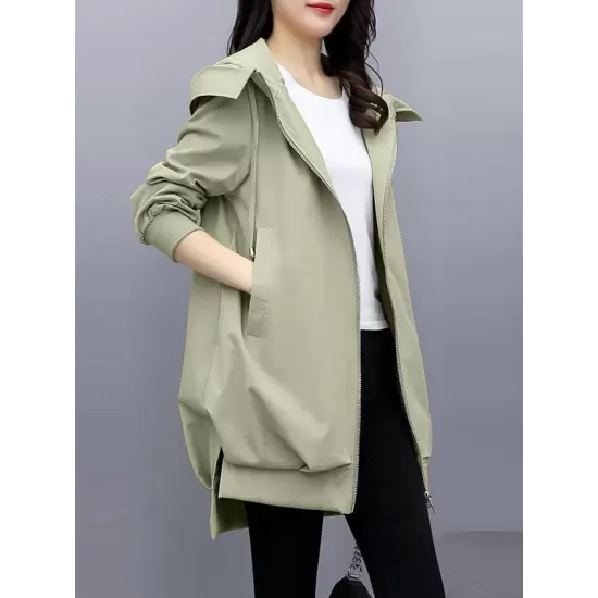 Casual Loose 4 Colors Pleated Zipper Hooded Long Sleeves Outwear