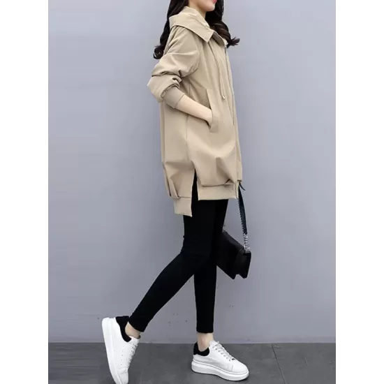 Casual Loose 4 Colors Pleated Zipper Hooded Long Sleeves Outwear