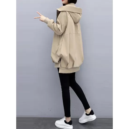 Casual Loose 4 Colors Pleated Zipper Hooded Long Sleeves Outwear