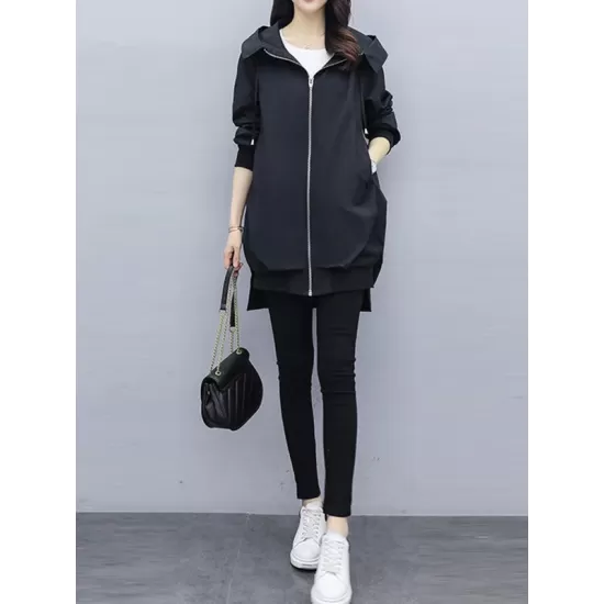 Casual Loose 4 Colors Pleated Zipper Hooded Long Sleeves Outwear