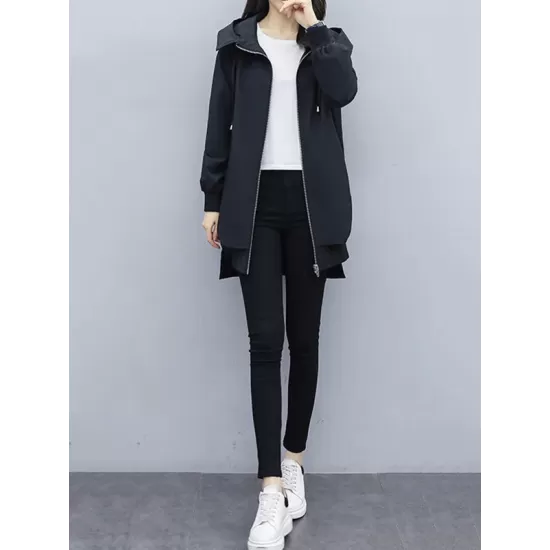 Casual Loose 4 Colors Pleated Zipper Hooded Long Sleeves Outwear