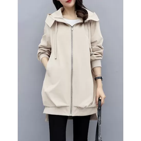 Casual Loose 4 Colors Pleated Zipper Hooded Long Sleeves Outwear