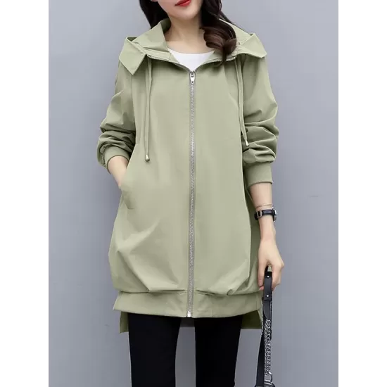 Casual Loose 4 Colors Pleated Zipper Hooded Long Sleeves Outwear