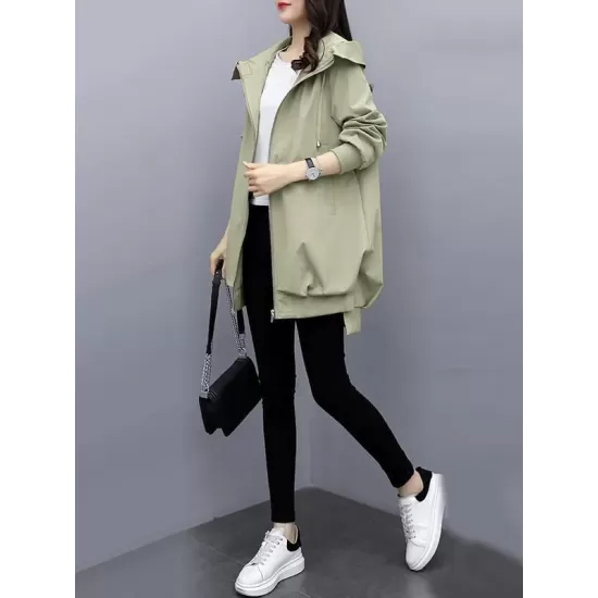 Casual Loose 4 Colors Pleated Zipper Hooded Long Sleeves Outwear