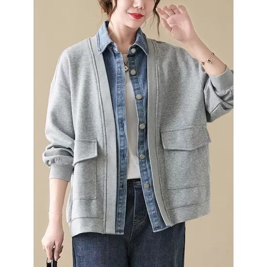 Casual False Two Loose Buttoned Contrast Color Split-Joint Lapel Collar Outerwear