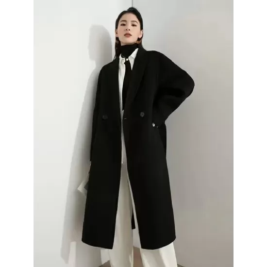 Office Belted Solid Color Notched Collar Wool Overcoat