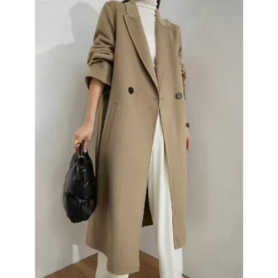 Office Belted Solid Color Notched Collar Wool Overcoat