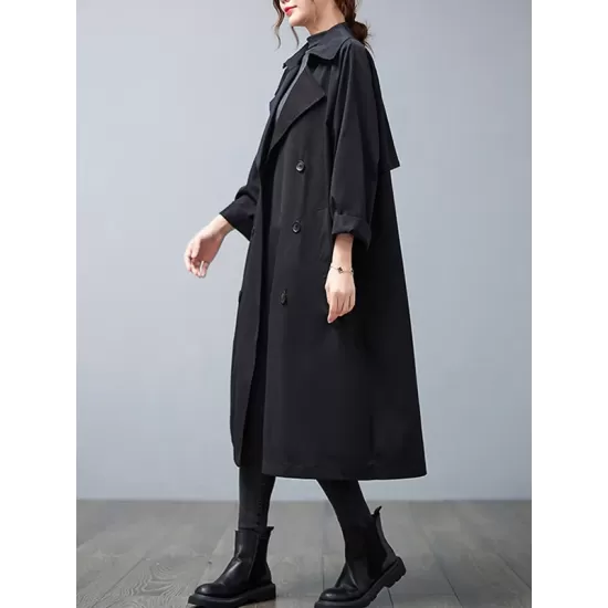 Loose Buttoned Notched Collar Trench Coat