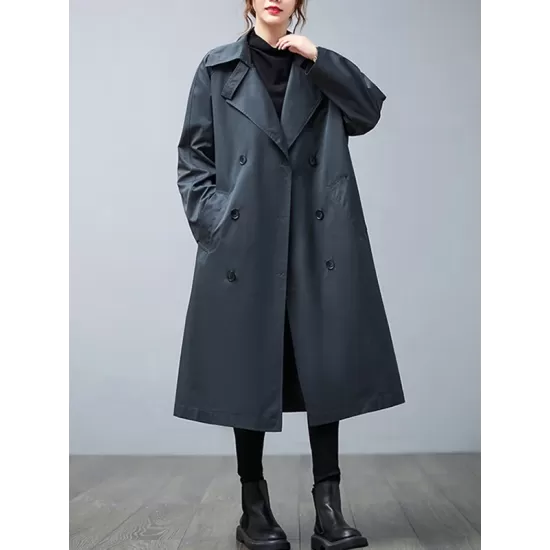 Loose Buttoned Notched Collar Trench Coat