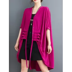 Drawstring Solid Color Half Sleeves Irregular Clipping V-Neck Outerwear