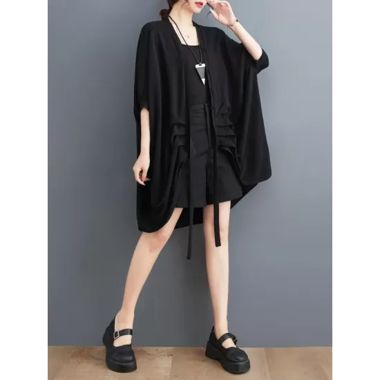 Drawstring Solid Color Half Sleeves Irregular Clipping V-Neck Outerwear