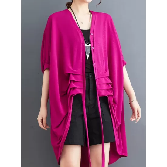 Drawstring Solid Color Half Sleeves Irregular Clipping V-Neck Outerwear