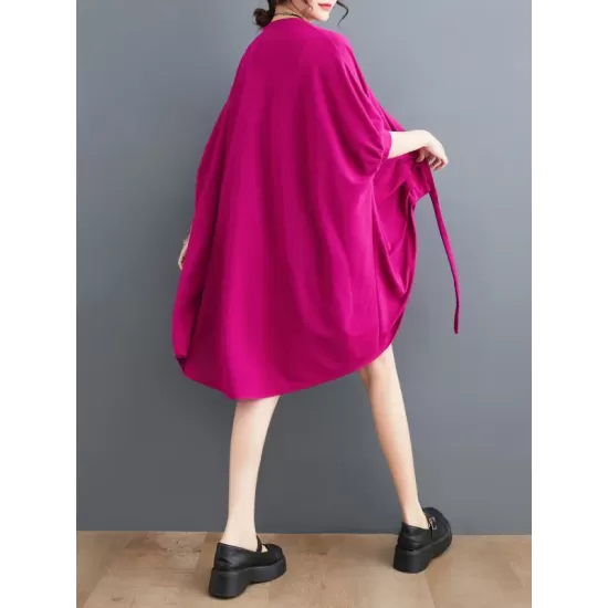 Drawstring Solid Color Half Sleeves Irregular Clipping V-Neck Outerwear